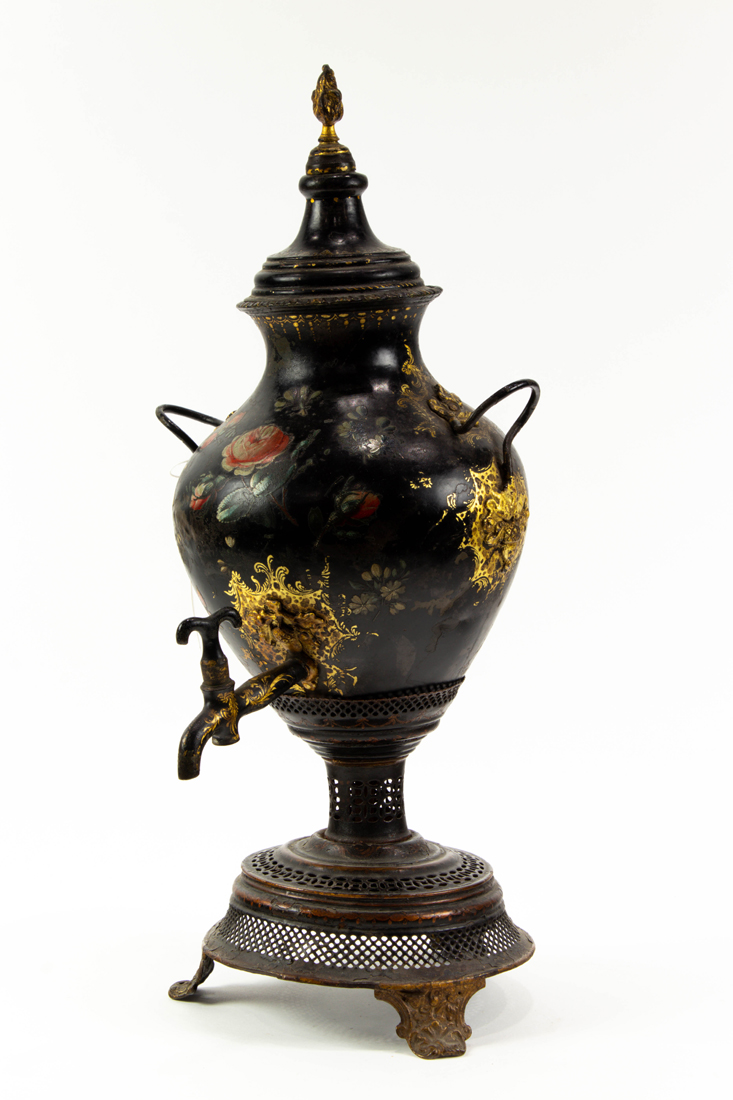 Appraisal: REGENCY TOLE TEA URN POLYCHROME DECORATED WITH FLOWERS Regency tole