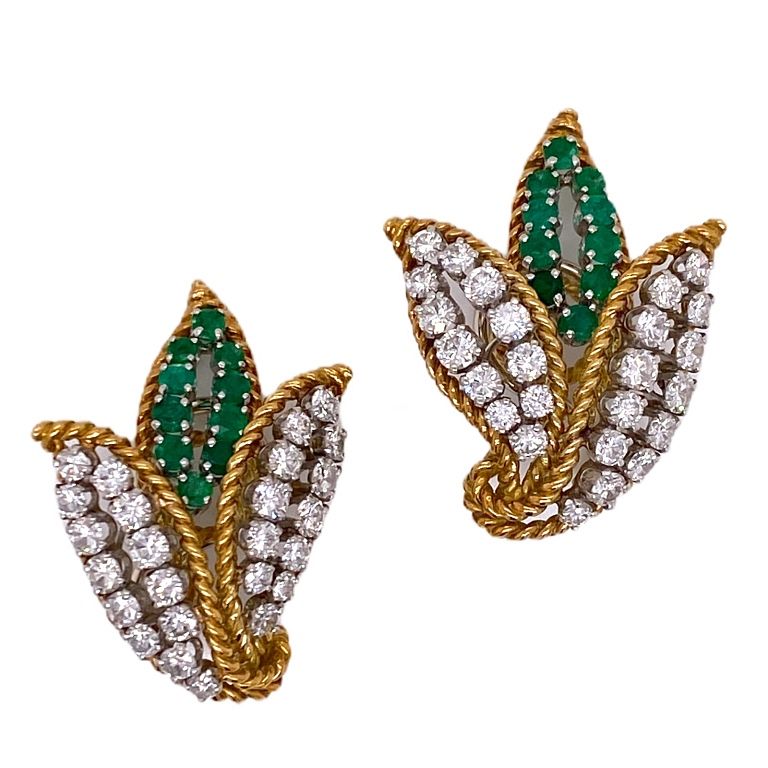 Appraisal: Diamond Emerald Leaf Motif Vintage Ear Clip Earrin orgeous diamond