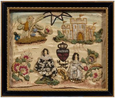 Appraisal: Fine betrothal needlework man and woman in court attire separated