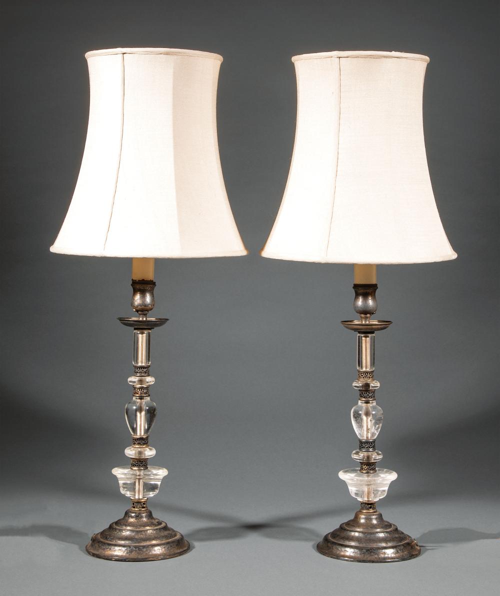 Appraisal: Pair of Antique French Rock Crystal and Silverplate Candlestick Lamps