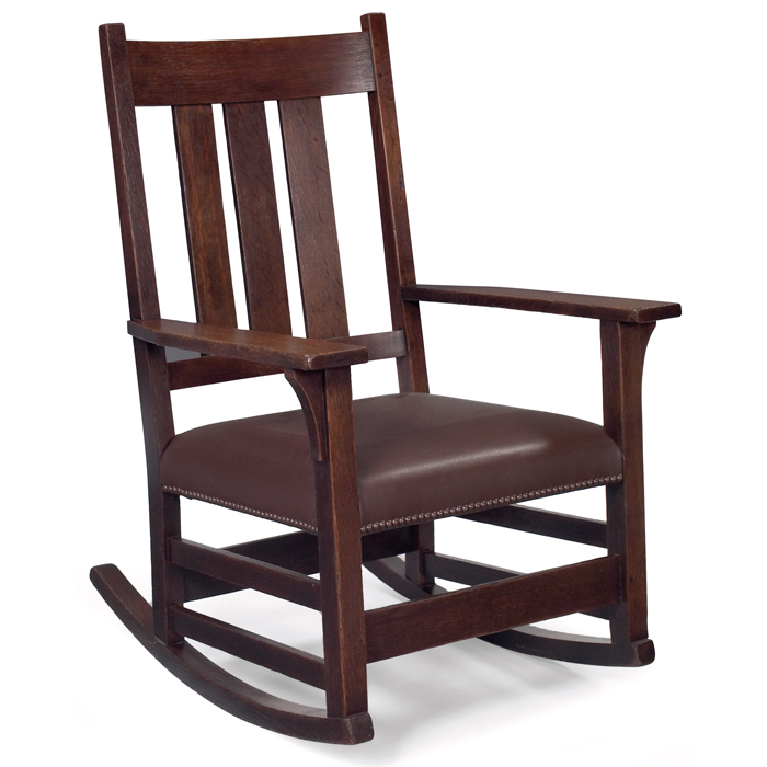 Appraisal: Gustav Stickley arm rocker three vertical slats at back over