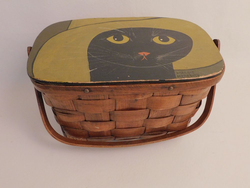 Appraisal: MAGGIE MEREDITH PAINTED BASKET - CAT Old woven Spanish basket