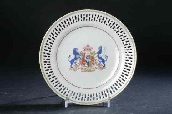 Appraisal: CHINESE ARMORIAL ENGLISH MARKET FAMILLE ROSE PORCELAIN RETICULATED PLATTER Qianlong