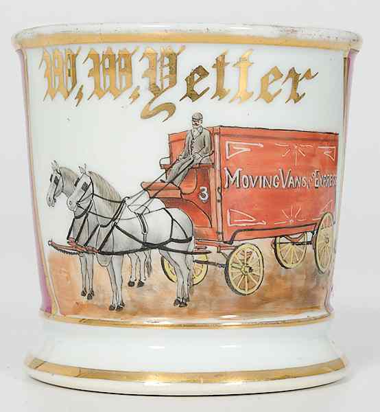 Appraisal: Horse-Drawn Mover's Occupational Shaving Mug Porcelain with polychrome painted scene