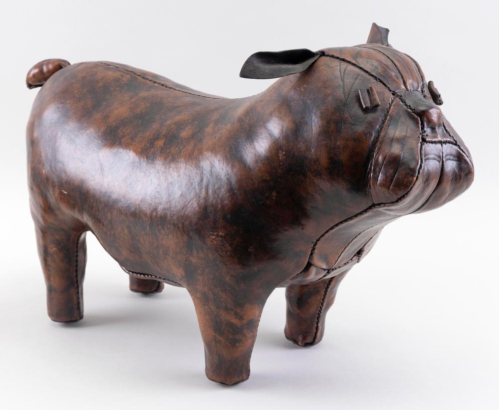 Appraisal: DIMITRI OMERSA LEATHER BULLDOG-FORM FOOTSTOOL ENGLAND MID- TH CENTURY HEIGHT