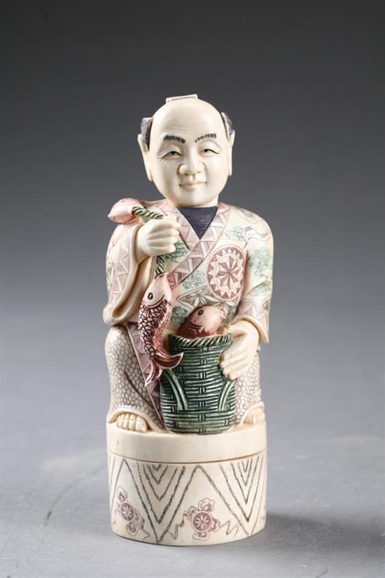 Appraisal: IVORY CARVED FIGURE Japan late th century Man with fish