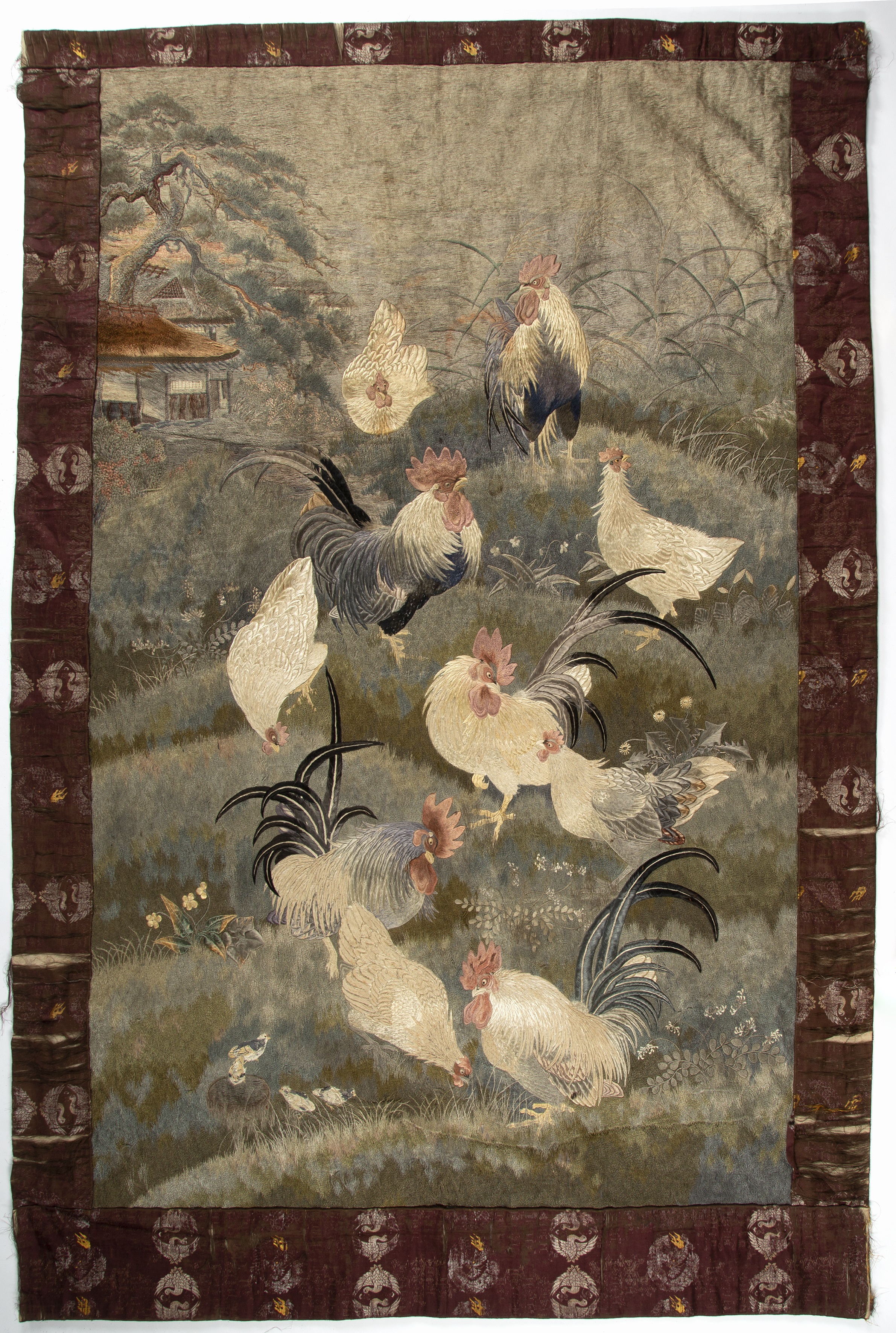 Appraisal: Large Kyoto school embroidered panel Japanese Meiji period depicting to