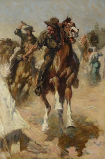 Appraisal: JOHN MARCHAND - Rough Riders oil on canvas x inchessigned