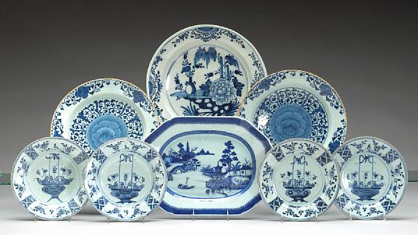 Appraisal: Three Dutch blue and white Delft chargers and Chinese Export