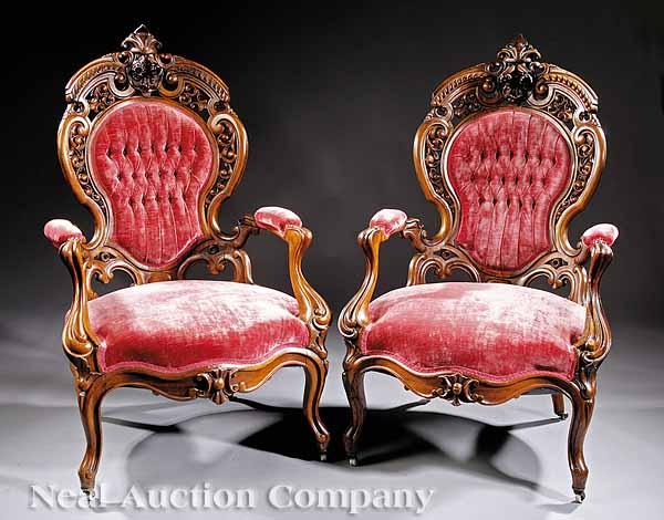 Appraisal: A Pair of American Rococo Carved and Laminated Rosewood Armchairs