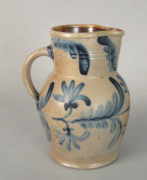 Appraisal: Stoneware pitcher th c with cobalt floral band h