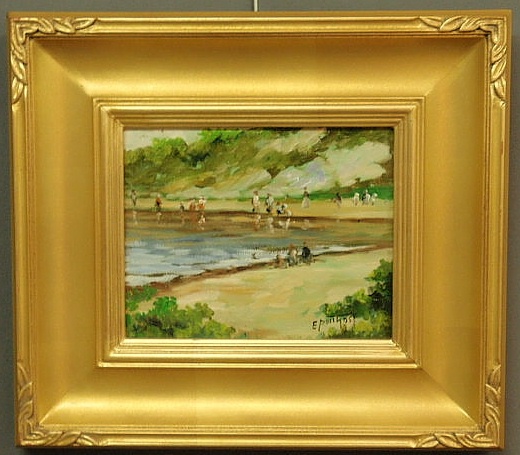 Appraisal: Oil on canvas painting of children playing by a cove