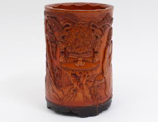 Appraisal: BAMBOO BRUSH POT Chinese Circa Carved with an official in