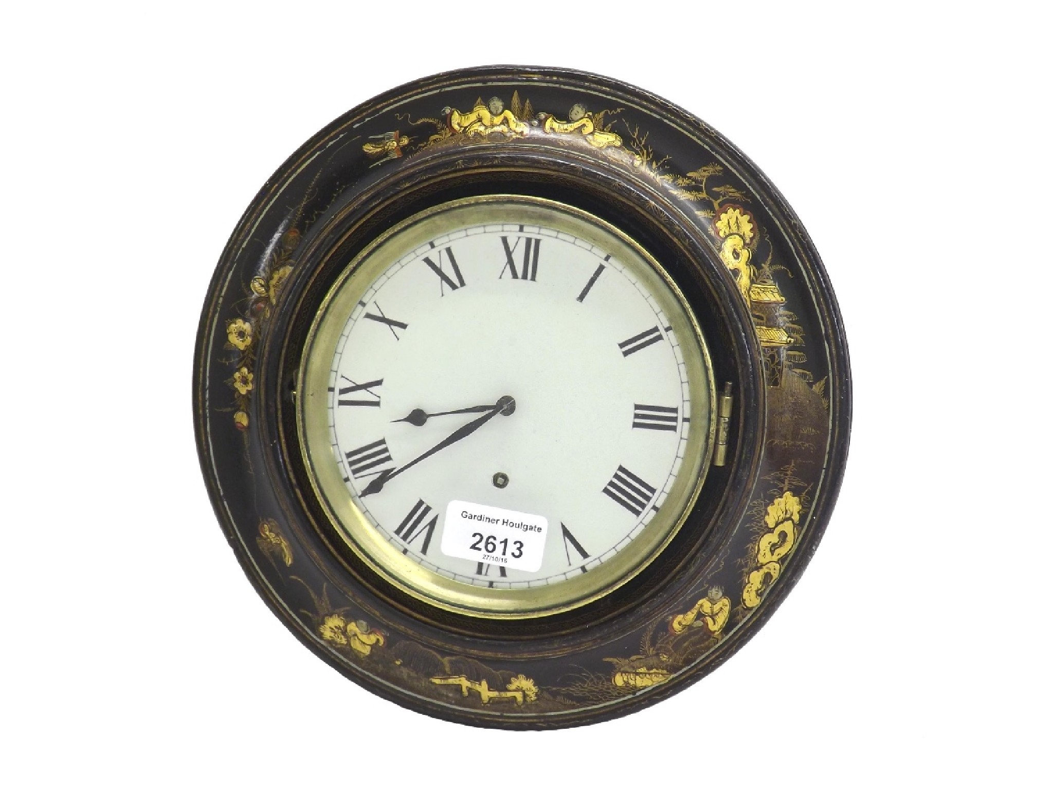 Appraisal: Black lacquer chinoiserie decorated wall dial timepiece within a turned