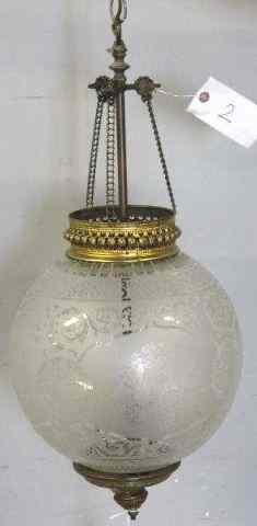 Appraisal: th Century Pull Down Hall Fixture with OriginalEtched Glass Ball