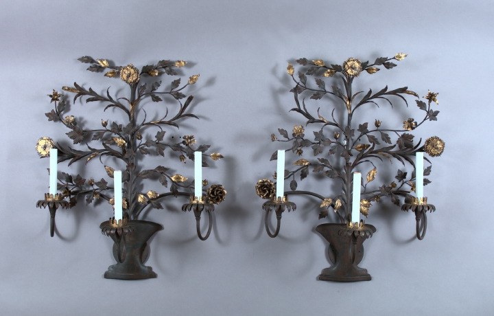 Appraisal: Large Pair of Italian Provincial Black-Patinated and Parcel-Gilt Wrought-Iron Three-Light