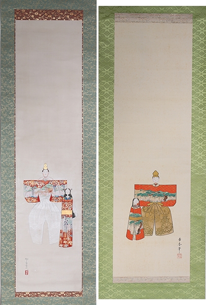 Appraisal: Two Japanese ink and color on paper paintings of dolls