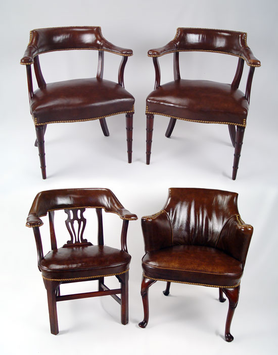 Appraisal: COLONIAL WILLIAMSBURG LEATHER SMOKING CHAIR PLUS LEATHER CLUB CHAIRS The