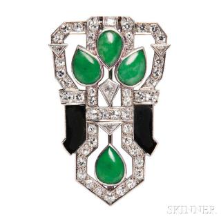 Appraisal: Art Deco Platinum Jade and Onyx Brooch the geometric form