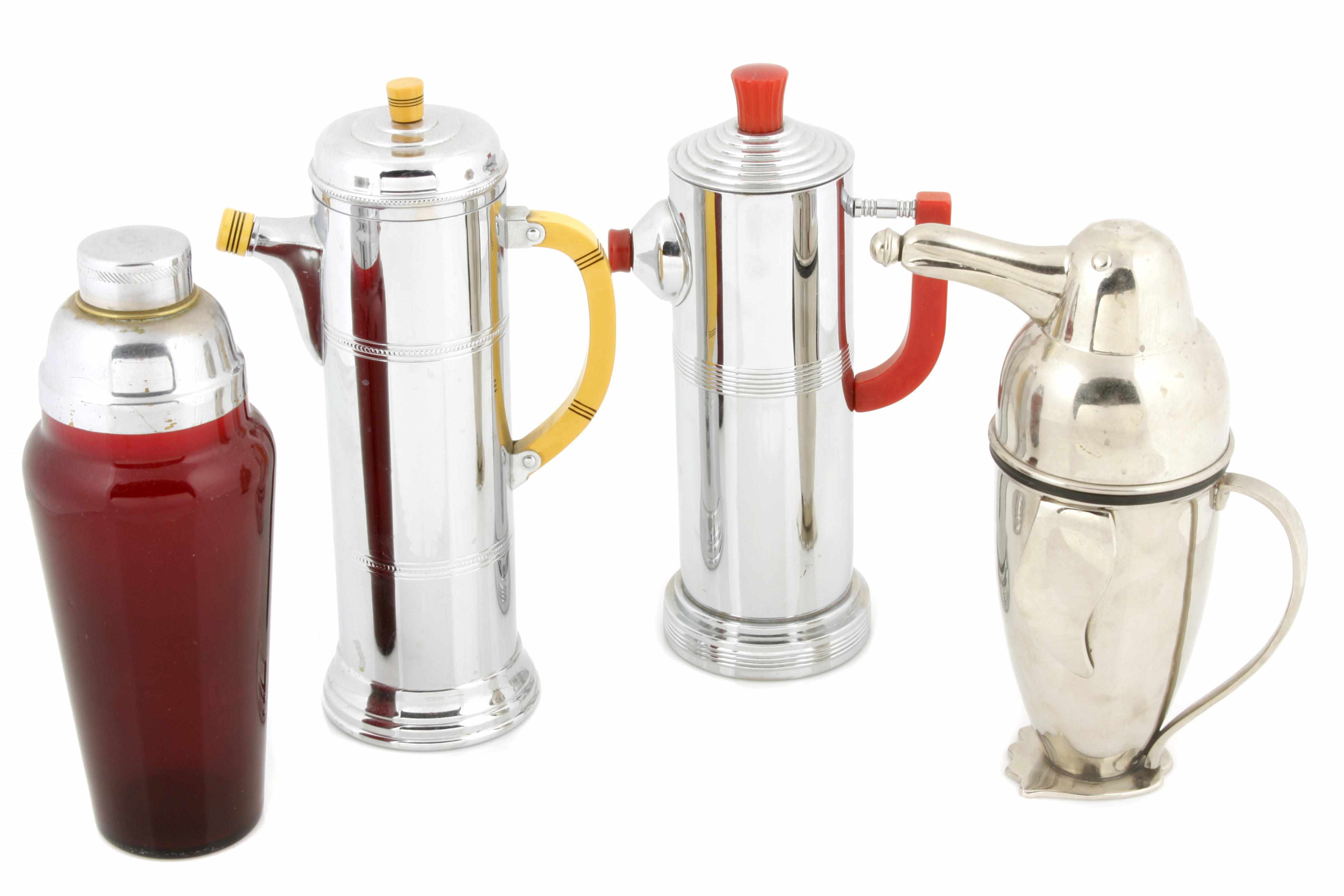 Appraisal: A set of twelve metal cocktail shakers a coffee pot