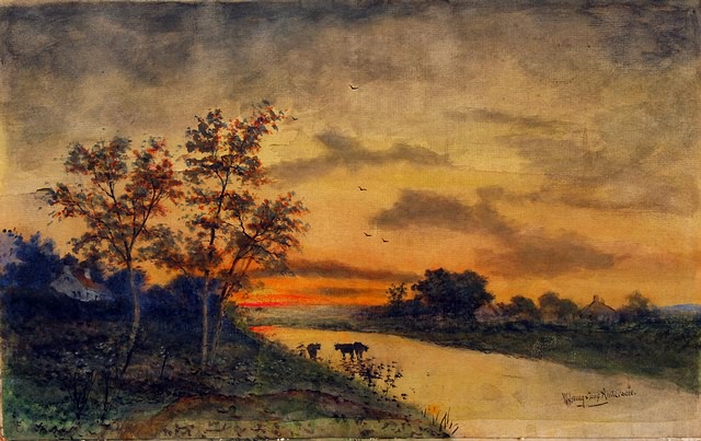 Appraisal: Landscape with cattle along river and house in distance watercolor