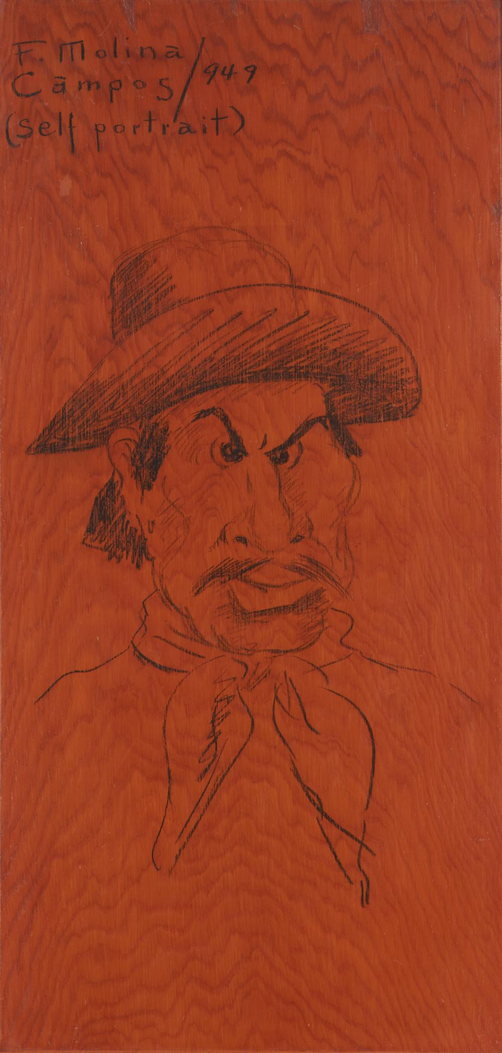 Appraisal: FLORENCIO MOLINA CAMPOS - SELF-PORTRAIT GREASE PENCIL ON PLYWOOD PANEL