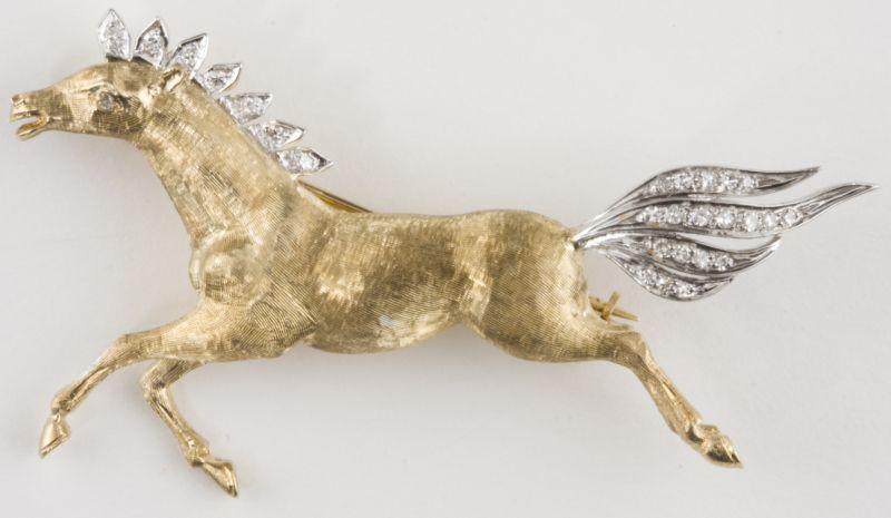 Appraisal: Gold and Diamond Horse Brooch consisting of a horse in