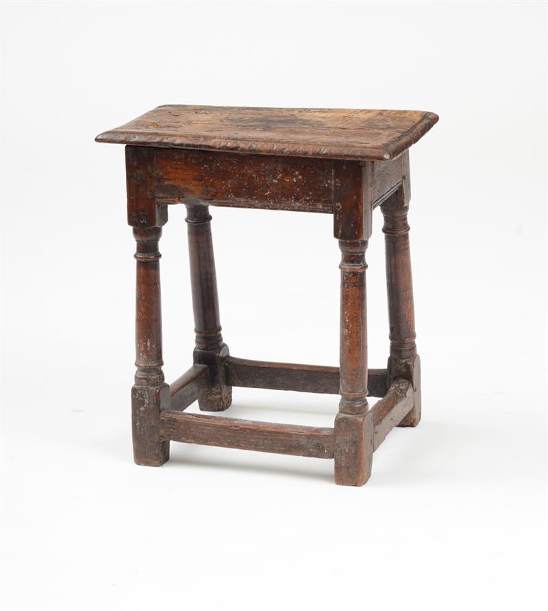 Appraisal: JACOBEAN CARVED OAK JOINT STOOL The seat split on plain