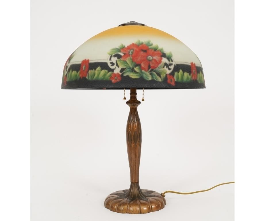 Appraisal: Pairpoint Puffy metal table lamp with poppy flower decorated glass