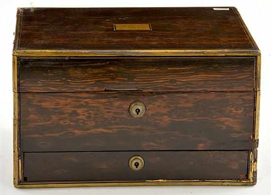 Appraisal: English brass-bound rosewood travel box th century rectangular hinged lid