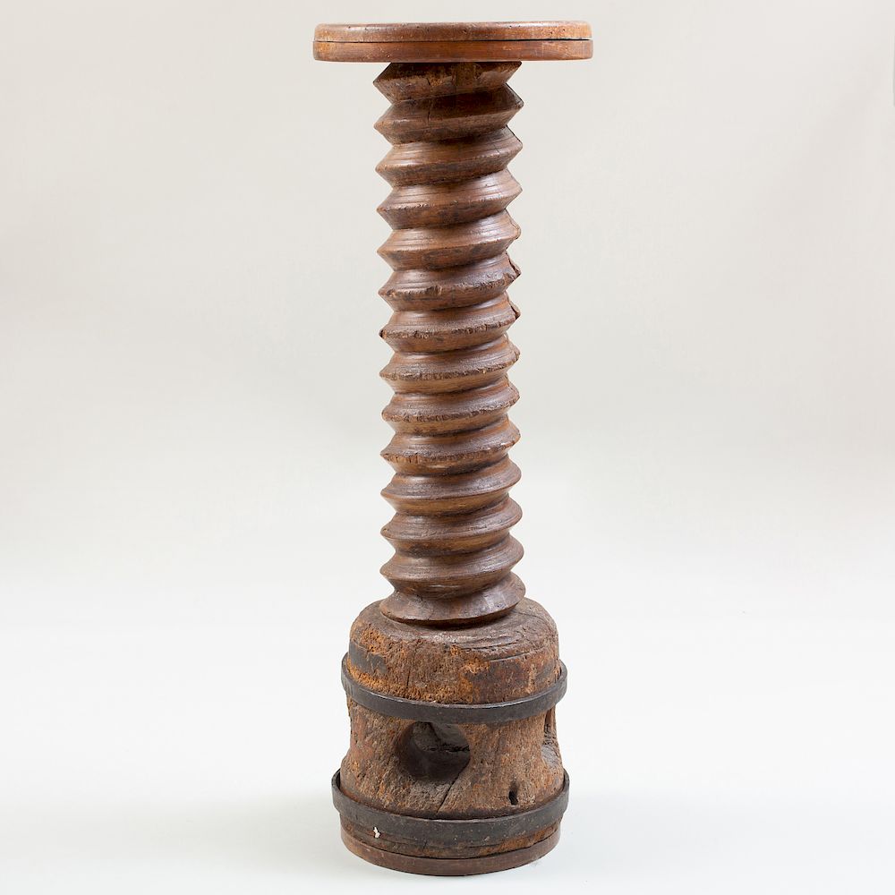 Appraisal: Rustic Metal-Mounted Wooden Corkscrew Pedestal ft in x in Condition