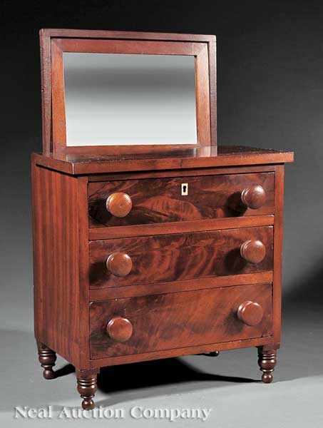 Appraisal: A Miniature American Classical Carved Mahogany Chest c three crotch-grained