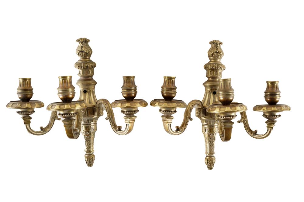 Appraisal: PAIR GILT METAL THREE-LIGHT WALL SCONCESstamped verso 'M D Lamp