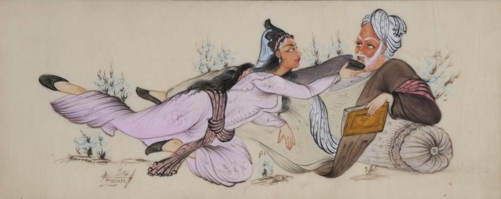 Appraisal: Miniature Indian painting on bone of two reclining figures water