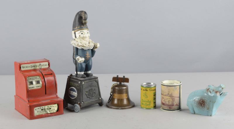 Appraisal: B Lot of Cast Iron Advertising Banks Including - tall