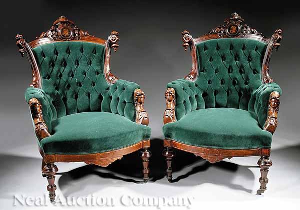 Appraisal: A Pair of American Renaissance Carved Walnut Burl and Inlaid