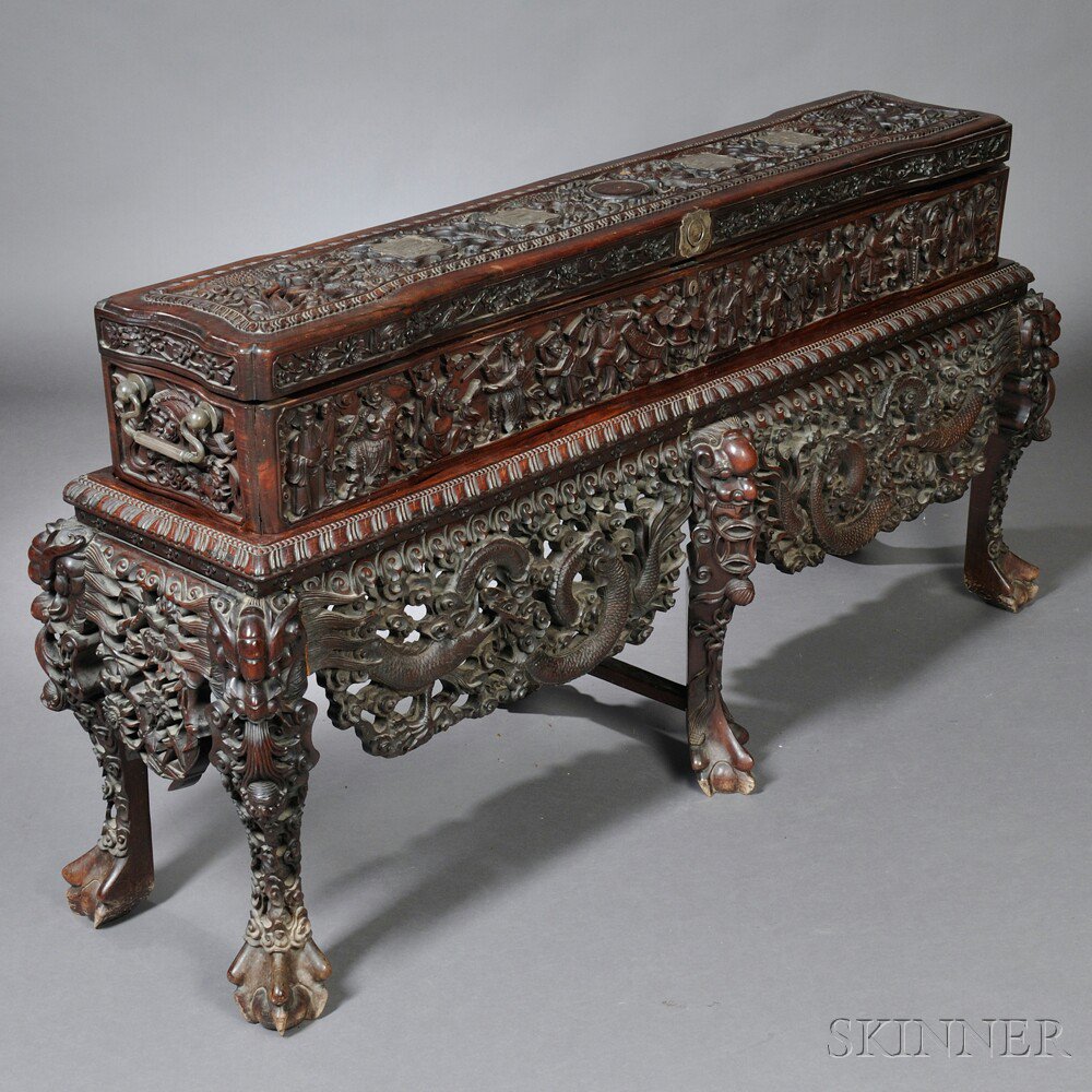 Appraisal: Export Hardwood Scroll Box on Stand China th century the