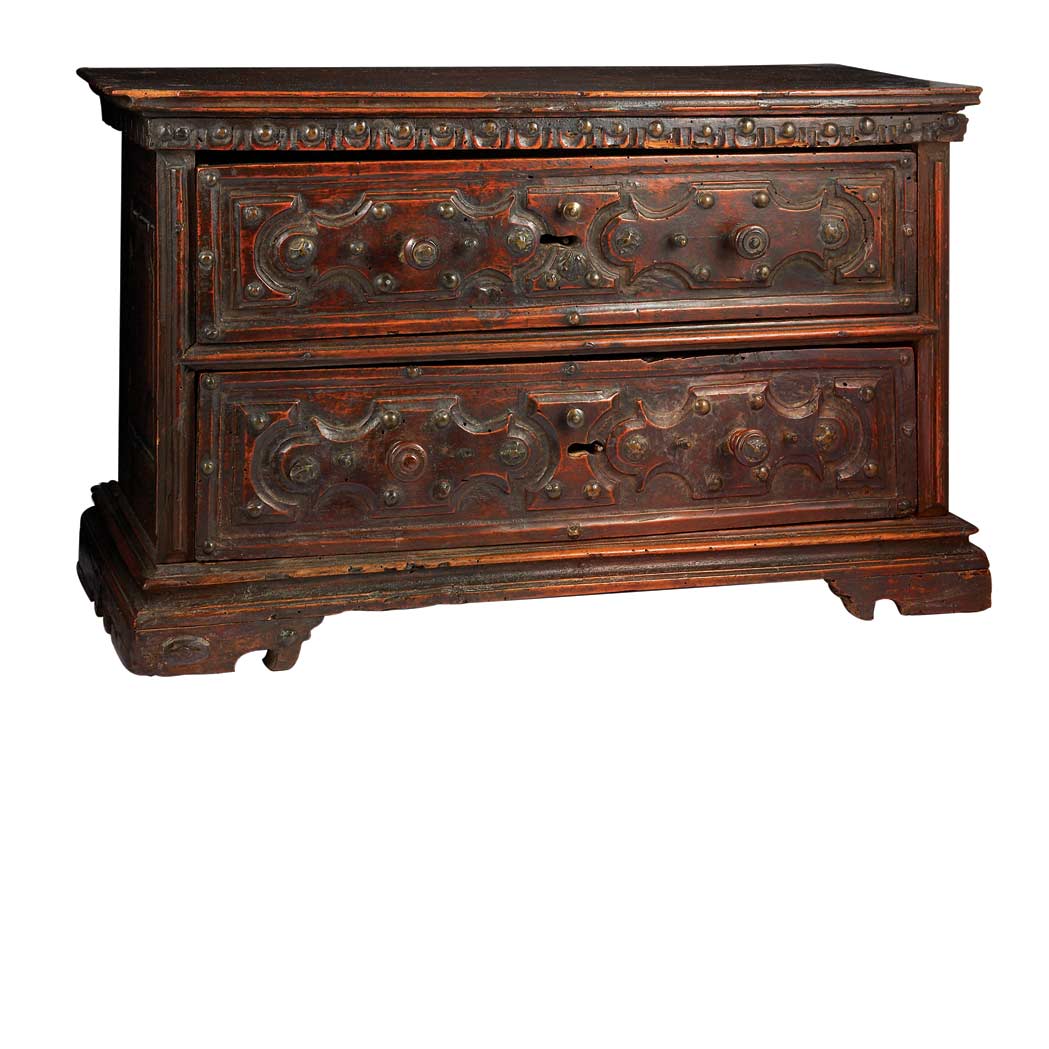 Appraisal: Italian Baroque Brass Bound Walnut Diminutive Chest of Drawers Early