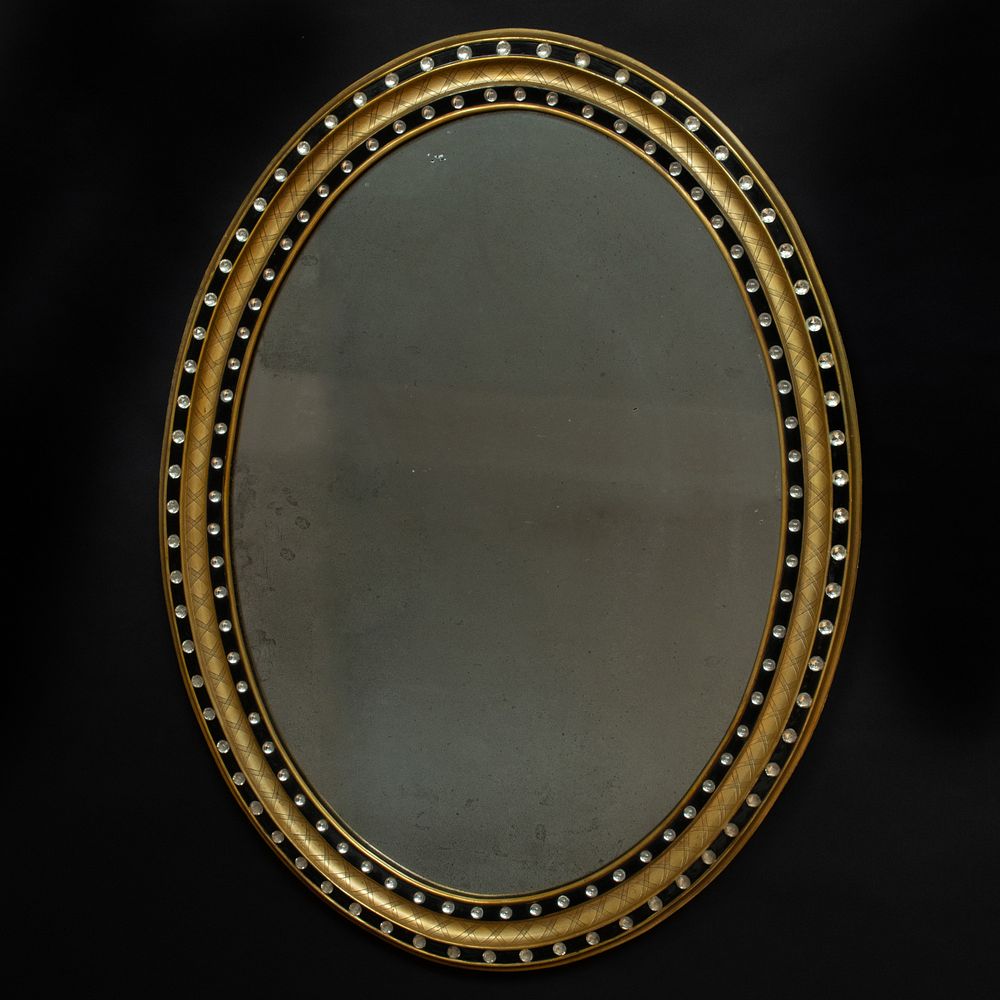 Appraisal: Large Irish Giltwood Ebonized and Beaded Glass Oval Mirror x