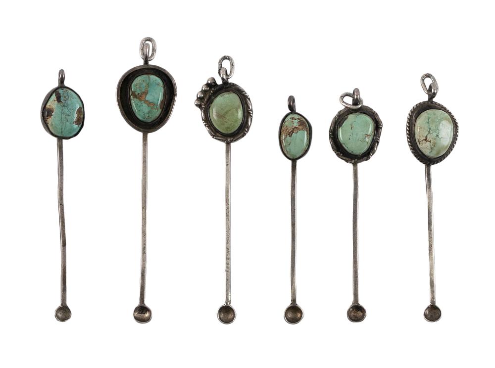 Appraisal: SIX NAVAJO SILVER AND TURQUOISE COCAINE SPOONS MID- TH CENTURY