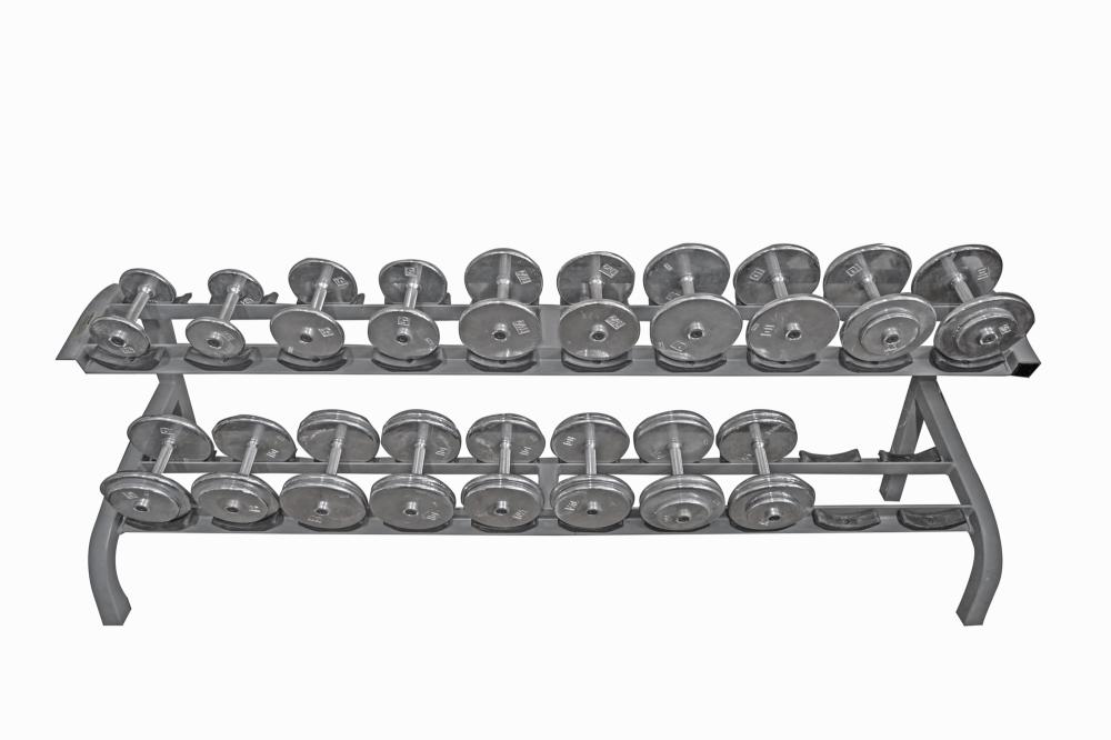 Appraisal: RACK OF FREE WEIGHTSmissing single pair of weights inches wide