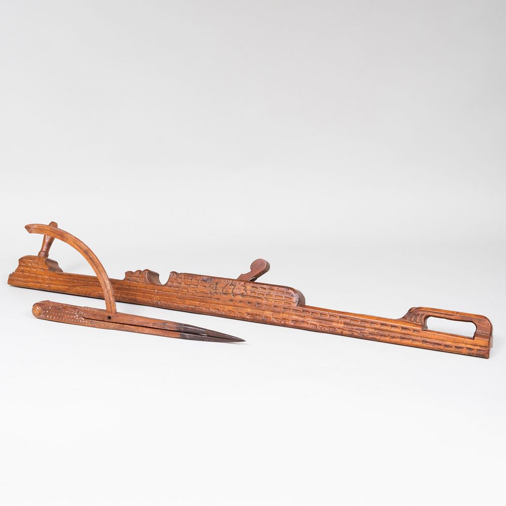 Appraisal: Scandinavian Carved Wood Plane and Compass The plane monogrammed and