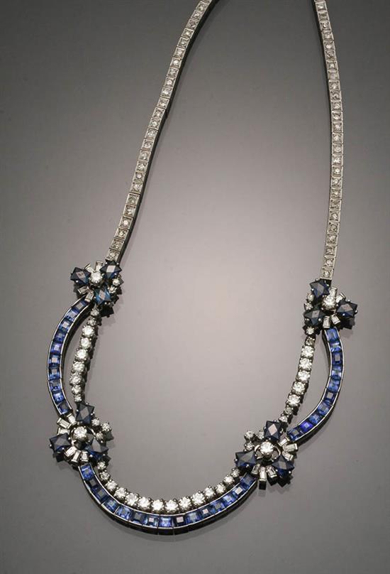 Appraisal: Choker Length Tested Platinum Blue Sapphire and Diamond Necklace The