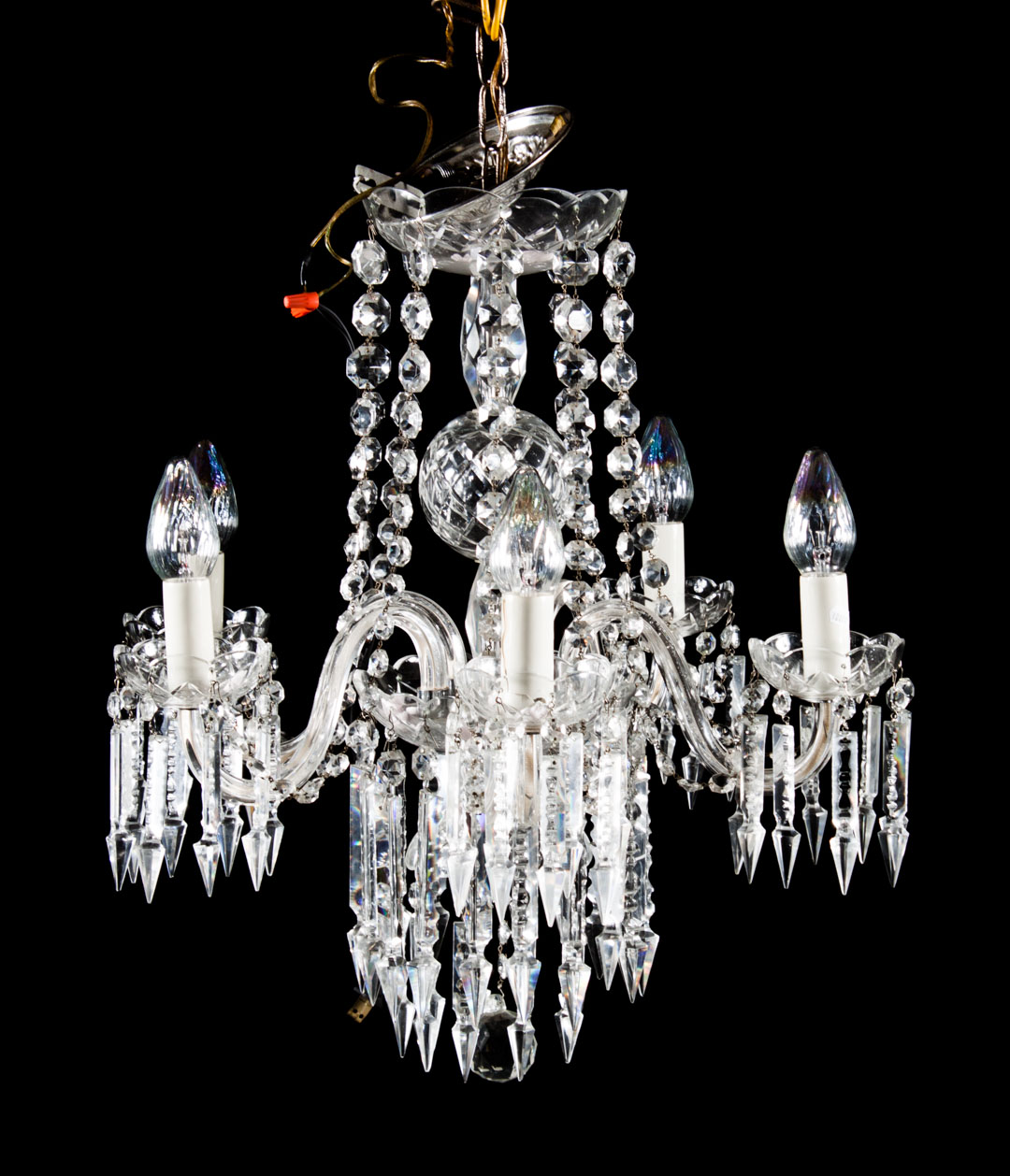 Appraisal: Anglo-Irish five light crystal chandelier with hanging cut crystal prisms