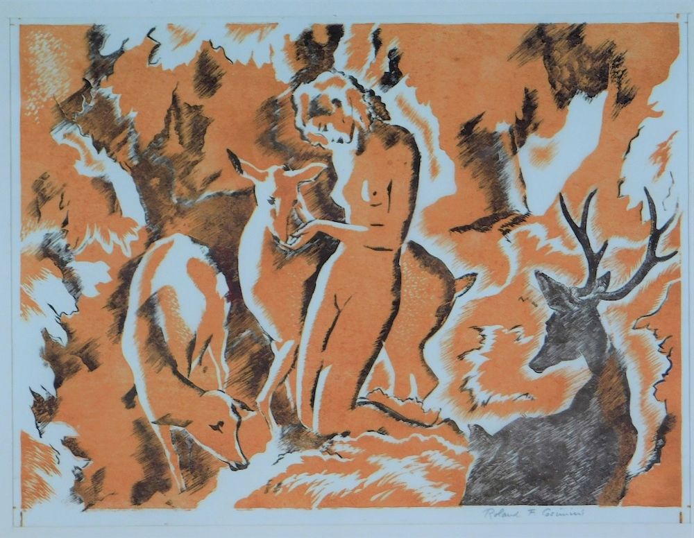 Appraisal: Roland Cosimini Mythical Nude Nymph Deco Woodcut Roland Francis Cosimini