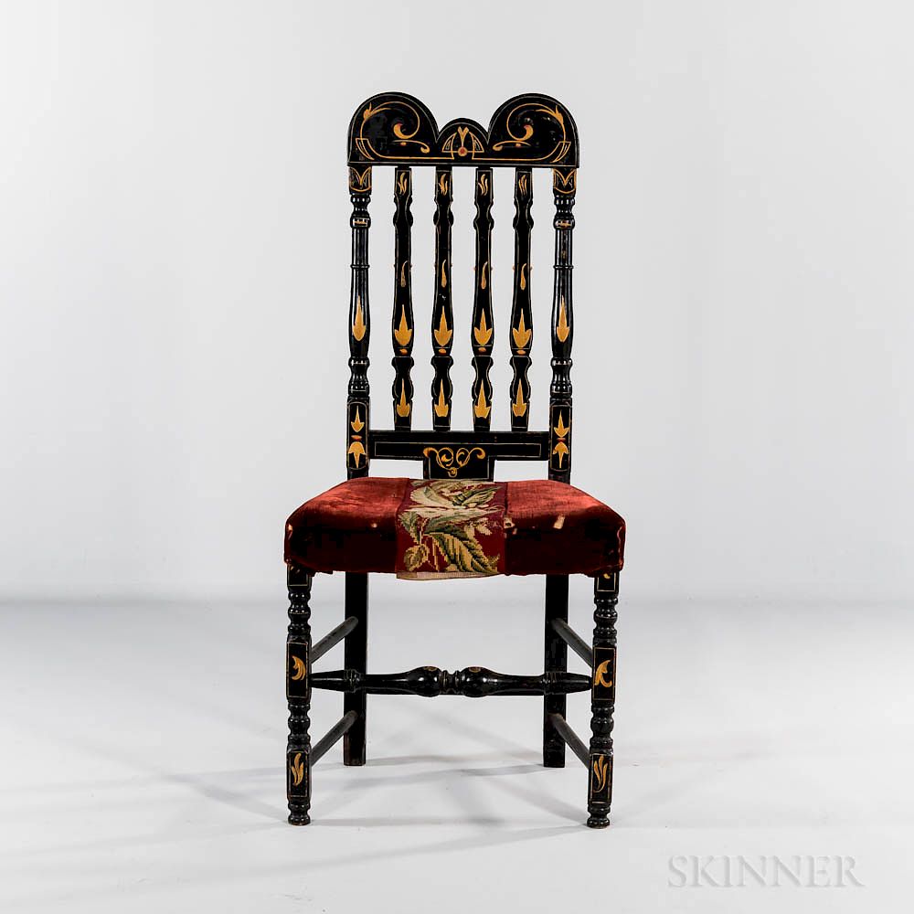 Appraisal: Black Paint-decorated Bannister-back Side Chair Black Paint-decorated Bannister-back Side Chair