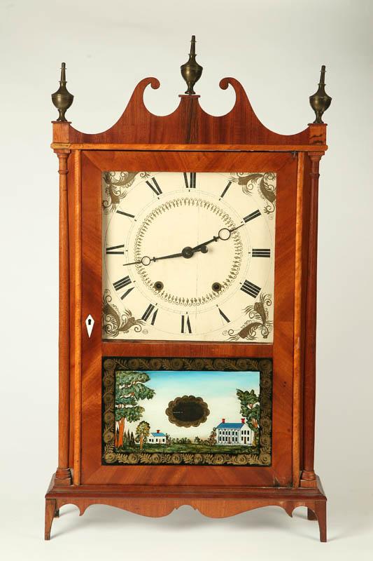 Appraisal: PILLAR AND SCROLL CLOCK American th century mahogany Paper label