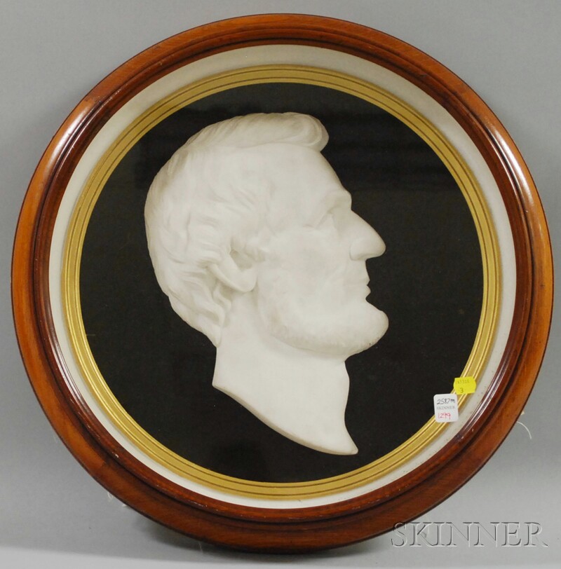 Appraisal: Circular Walnut Shadowbox Framed Marble Profile Portrait Bust of President