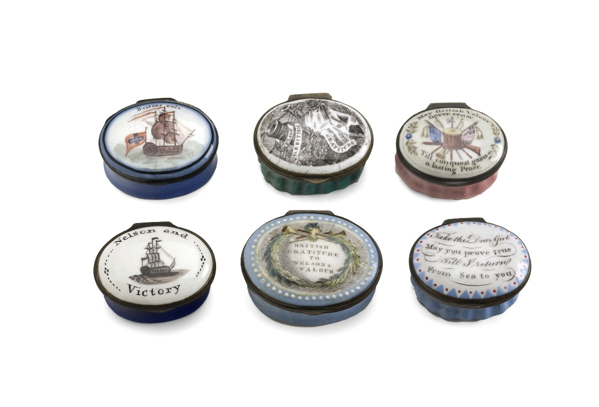 Appraisal: SIX BATTERSEA ENAMEL PATCH BOXES WITH NAUTICAL VERSE The verses