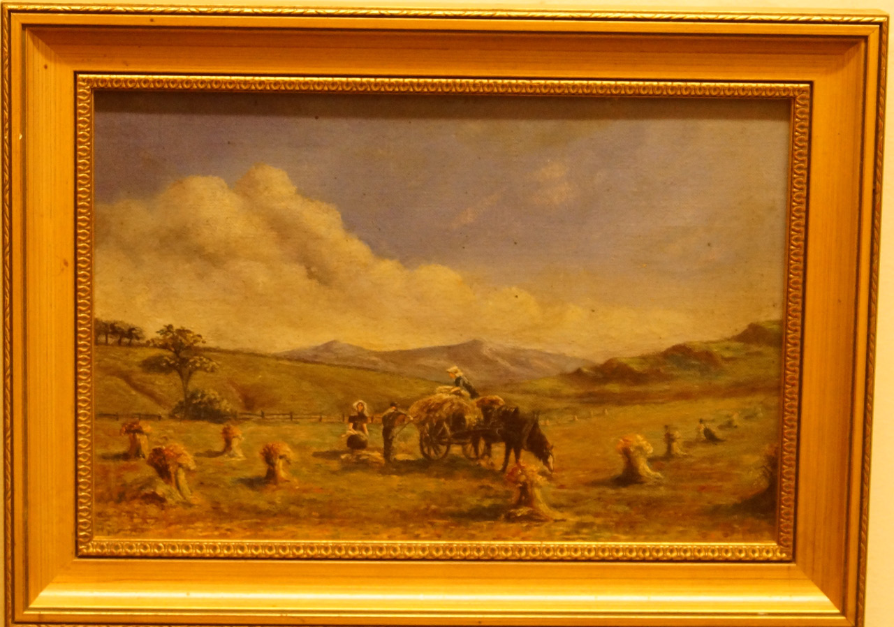 Appraisal: thC British School Harvesting mountains distant oil on board cm